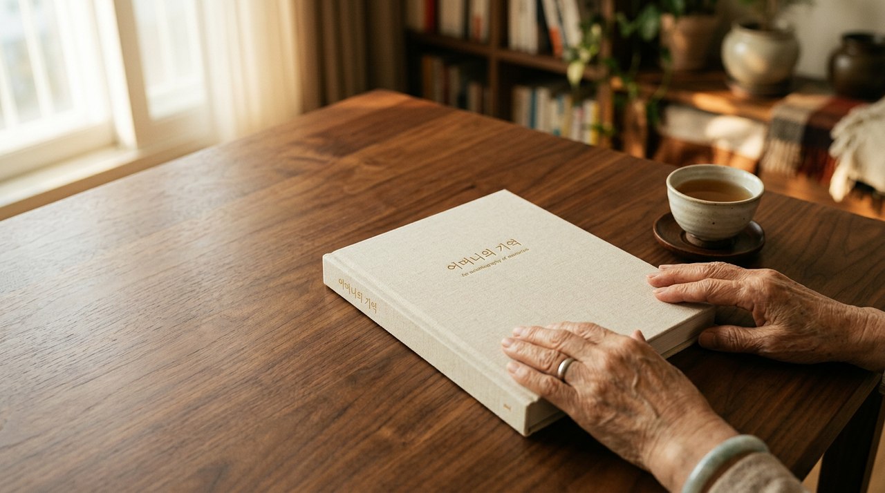 리넨 표지의 자서전 실물 — 어머니의 기억